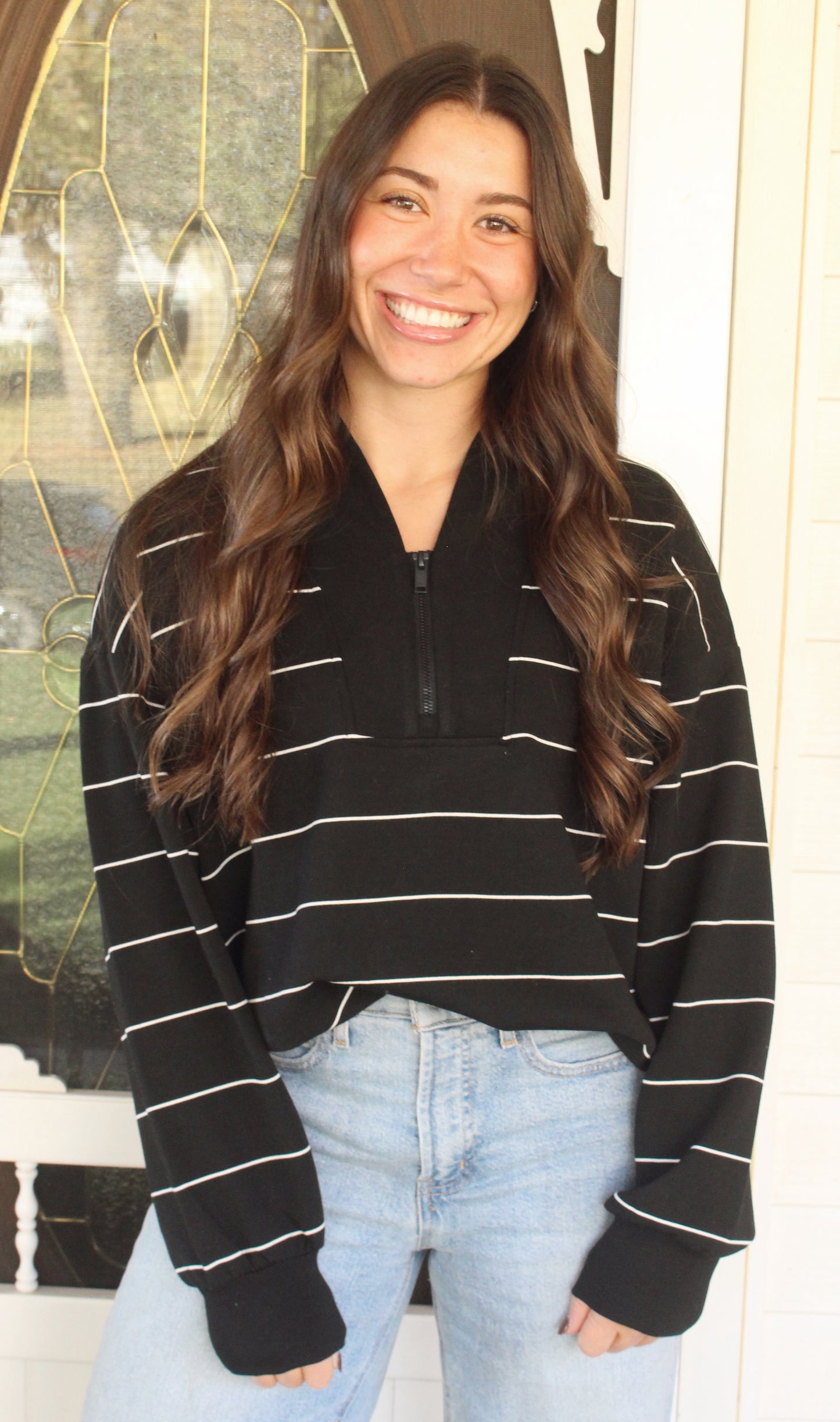 Modal Scuba Stripe V-Neck Jacket (Black/Cream)