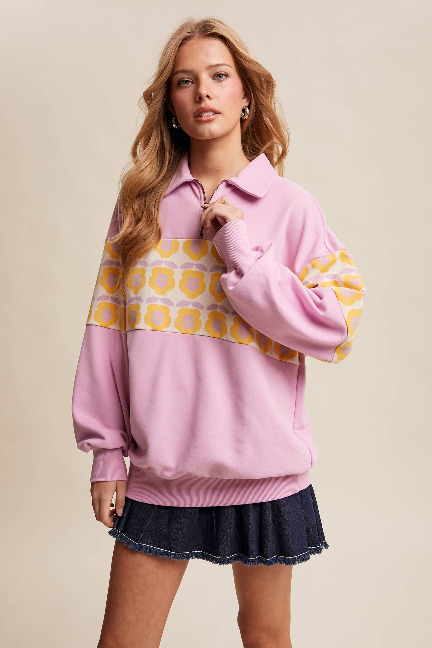 Retro Flower Panel Half-Zip Pullover : Navy