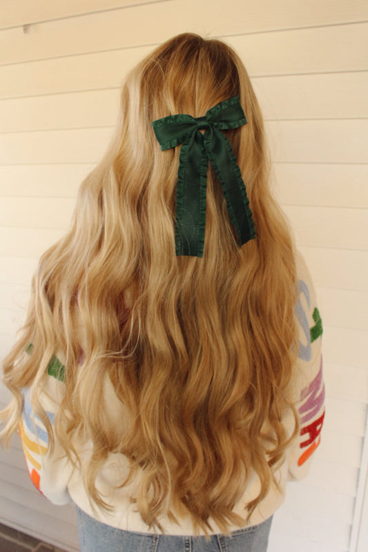Love Game Frill Bow Hair Clip: Deep Green