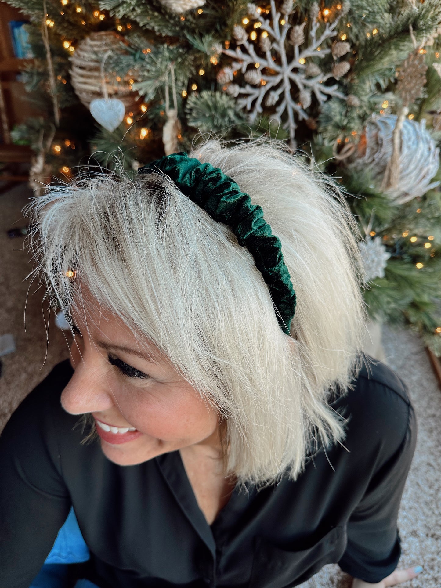 Ruffle Velvet Headband (Crushed Emerald)