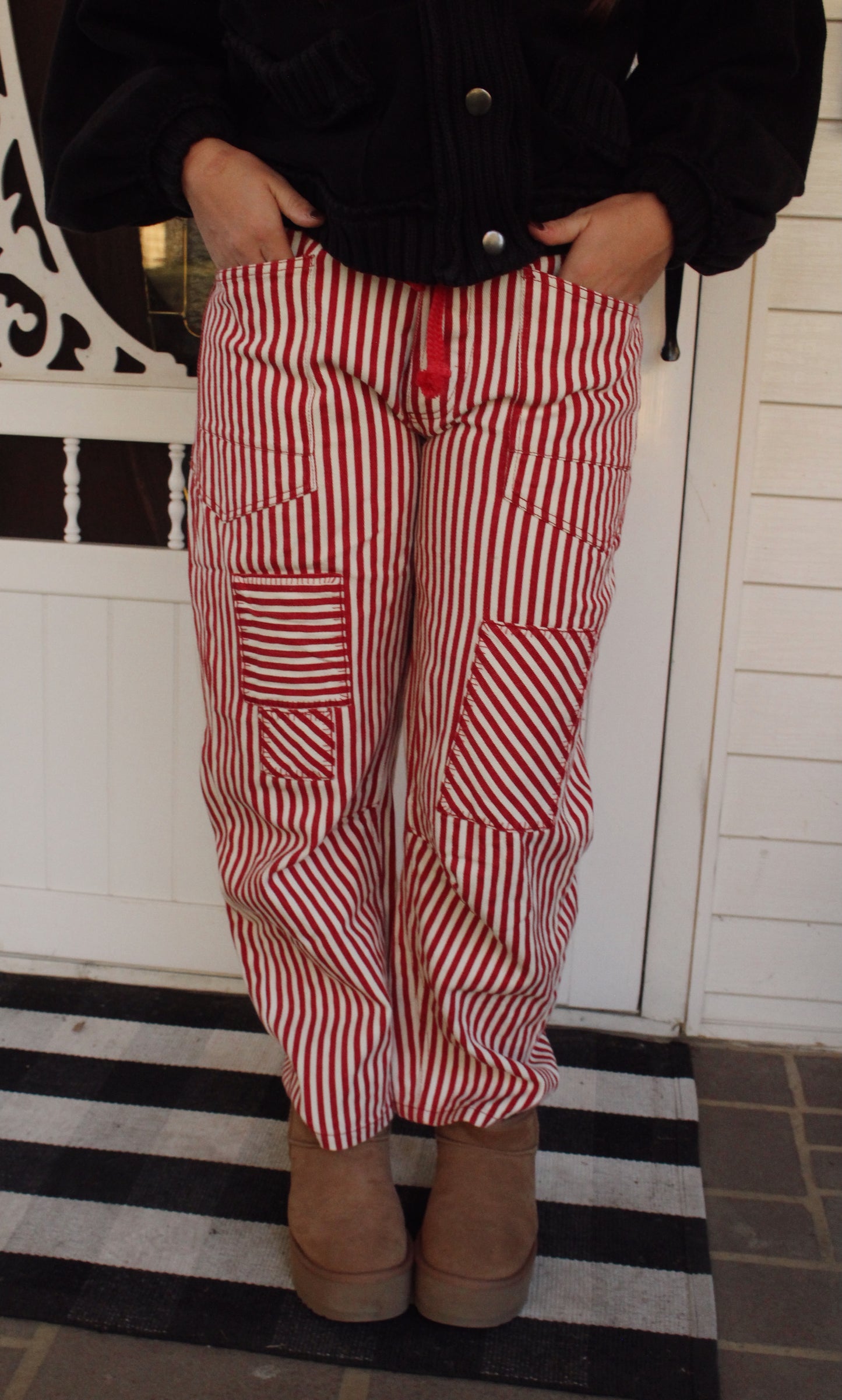 Striped Twill Barrel Pants - Red