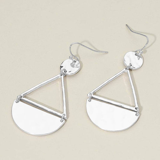 Geometric Hammered Metal Triangle Drop Earrings: Silver