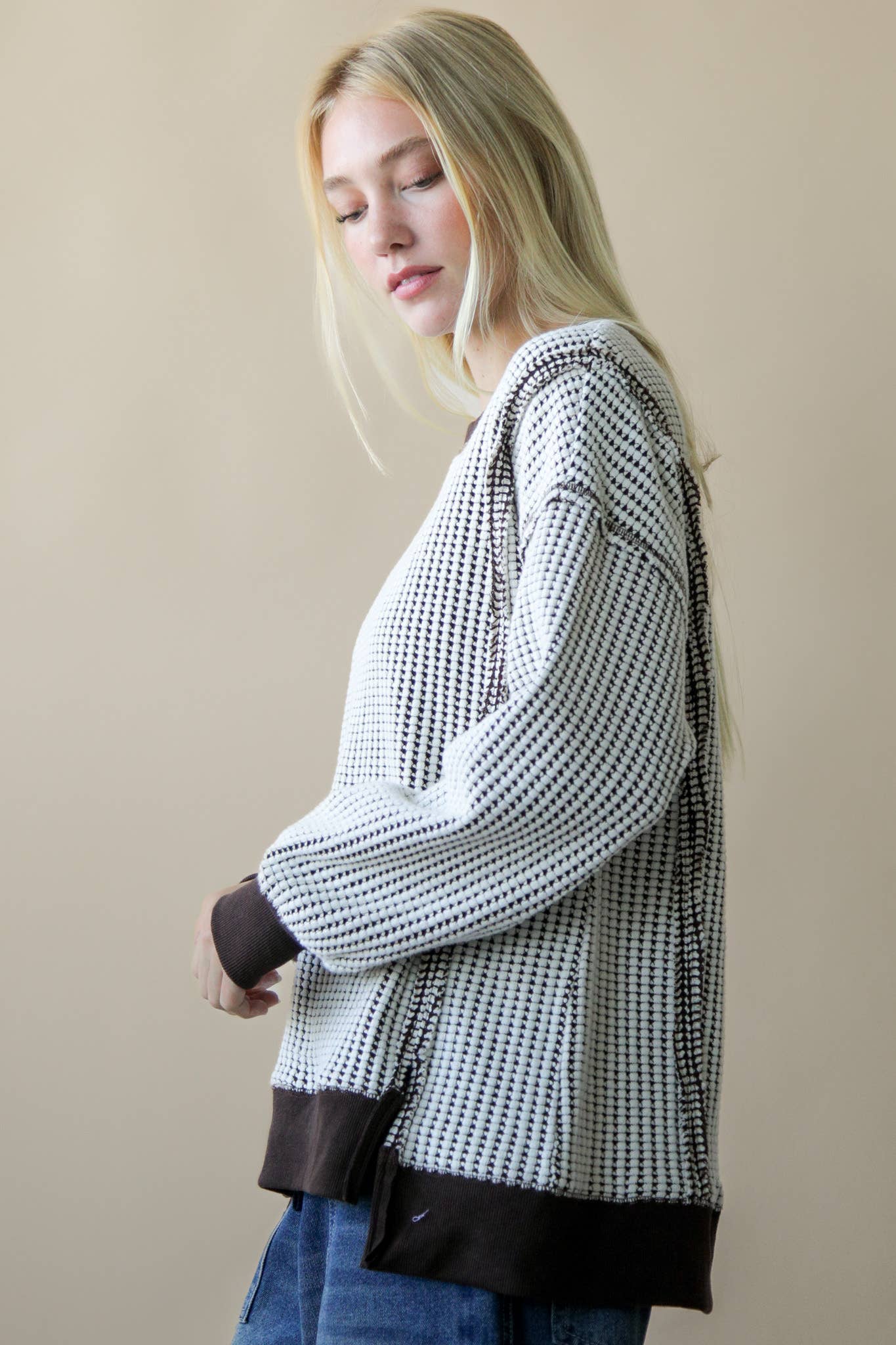 Oversized Waffle Knit Casual Top: Chocolate