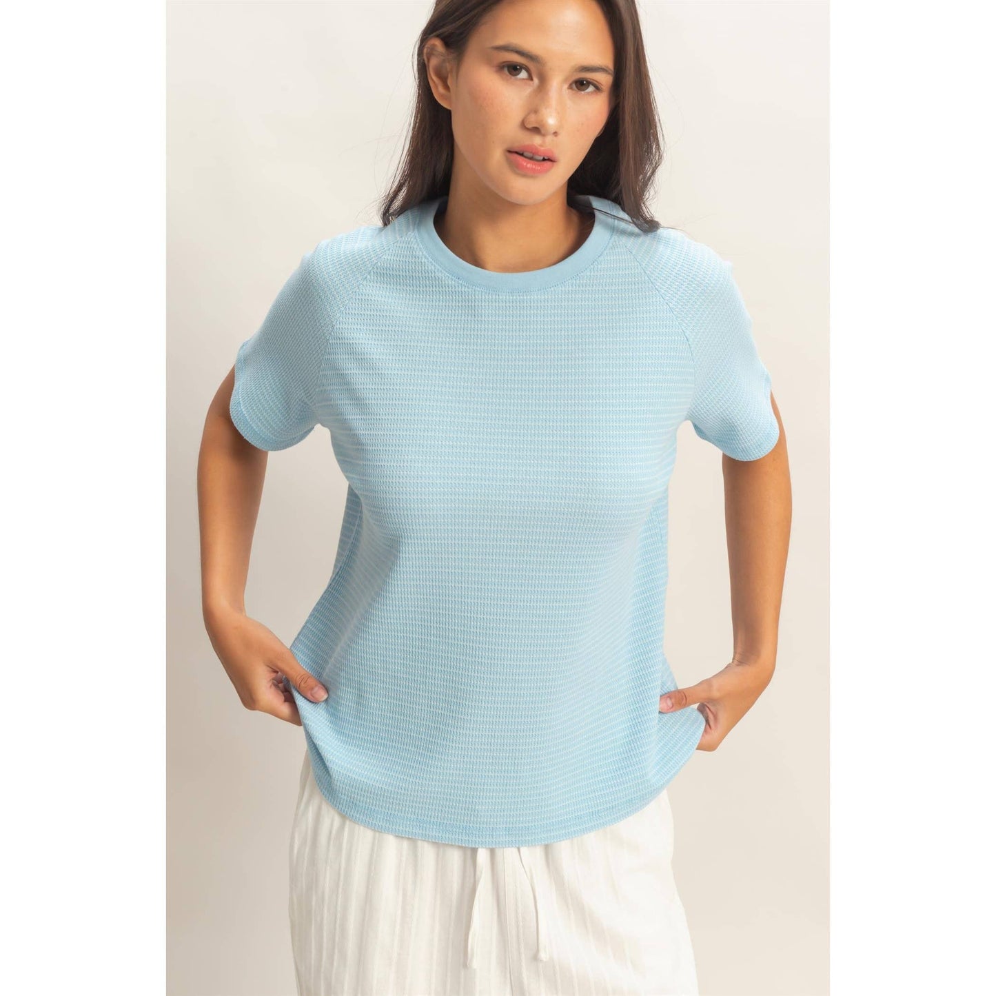 Textured Striped Sleeve Tee: Baby Blue