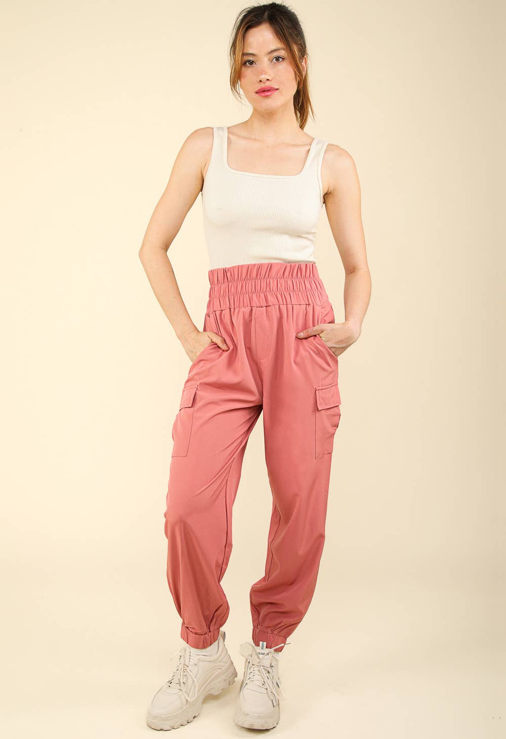 High Waisted Cargo Active Joggers w/ Pockets: Coconut Milk