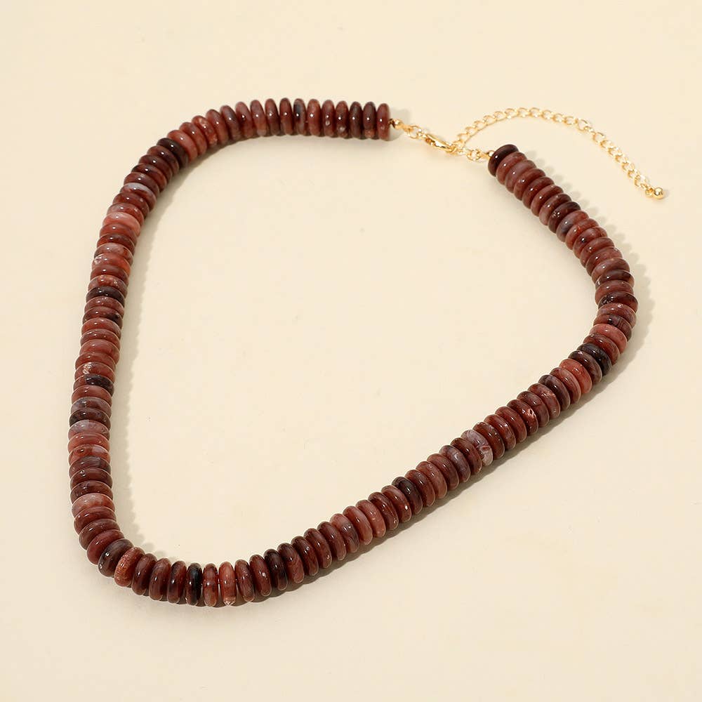 Flat Resin Disc Beaded Necklace: Brown/Gold