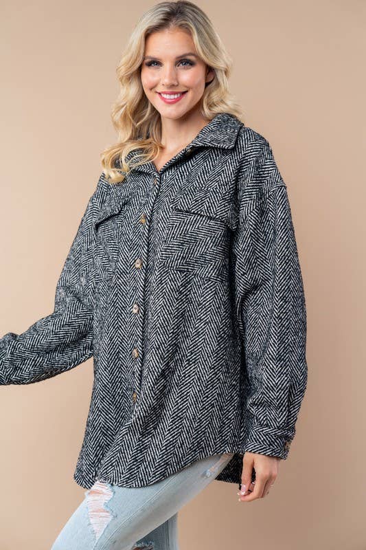 Black Long Sleeve Solid Woven Shacket: PLUS SIZE