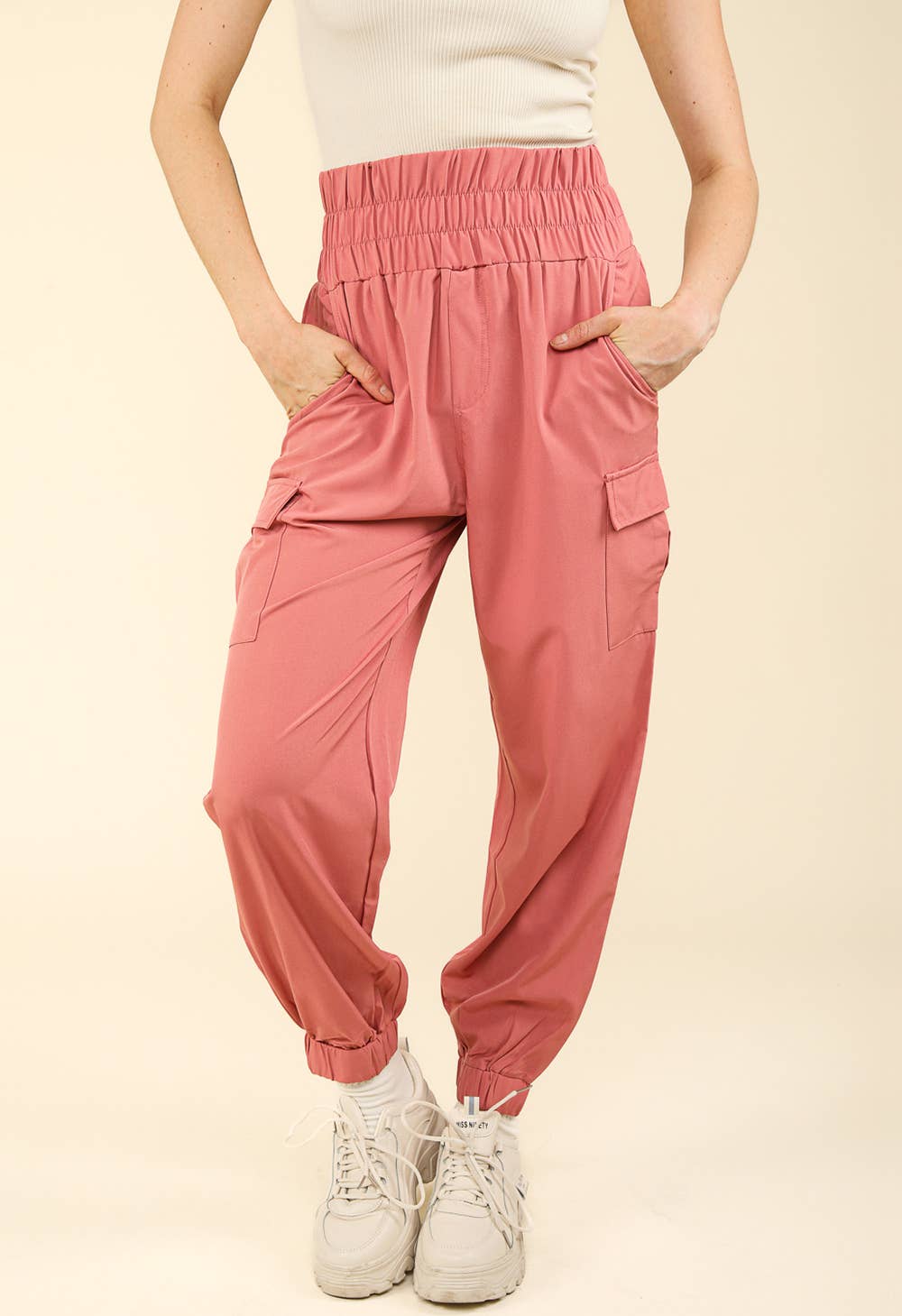 High Waisted Cargo Active Joggers w/ Pockets: Coconut Milk