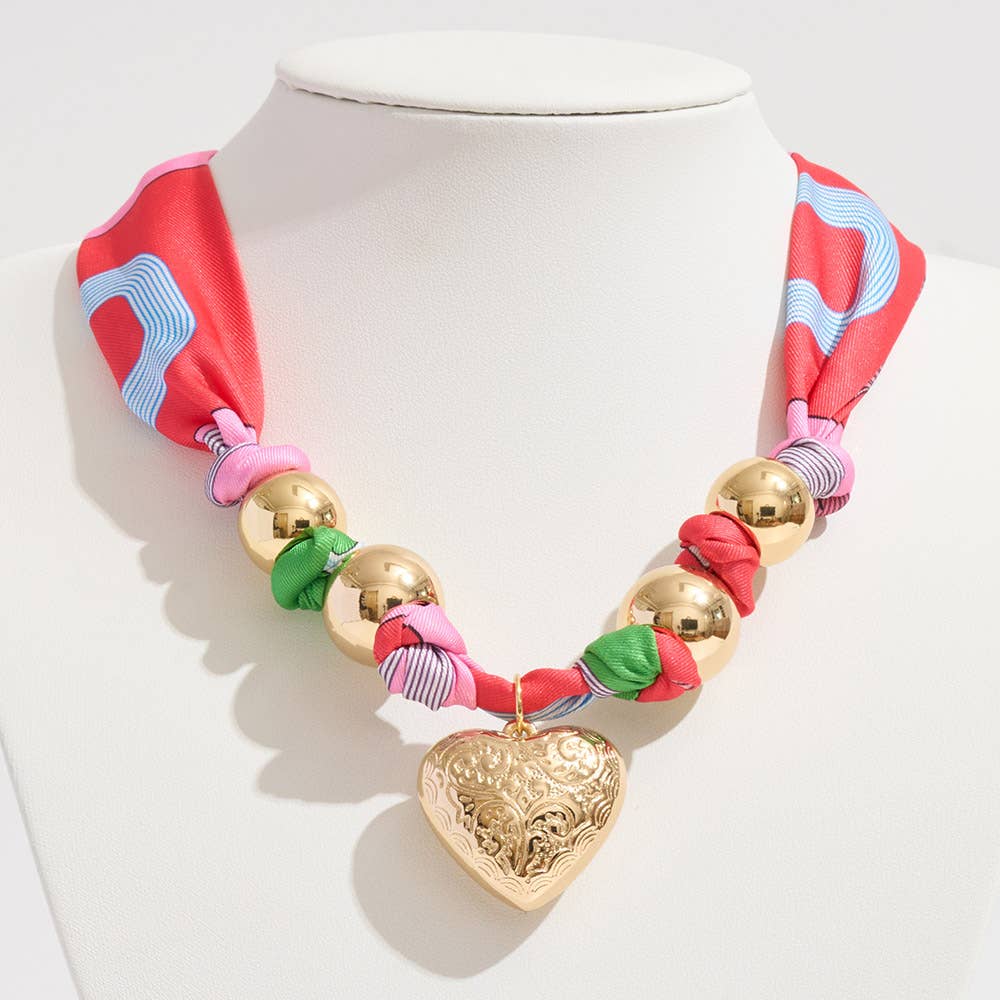 Gold Dipped Puffy Textured Heart Charm Scarf Necklace