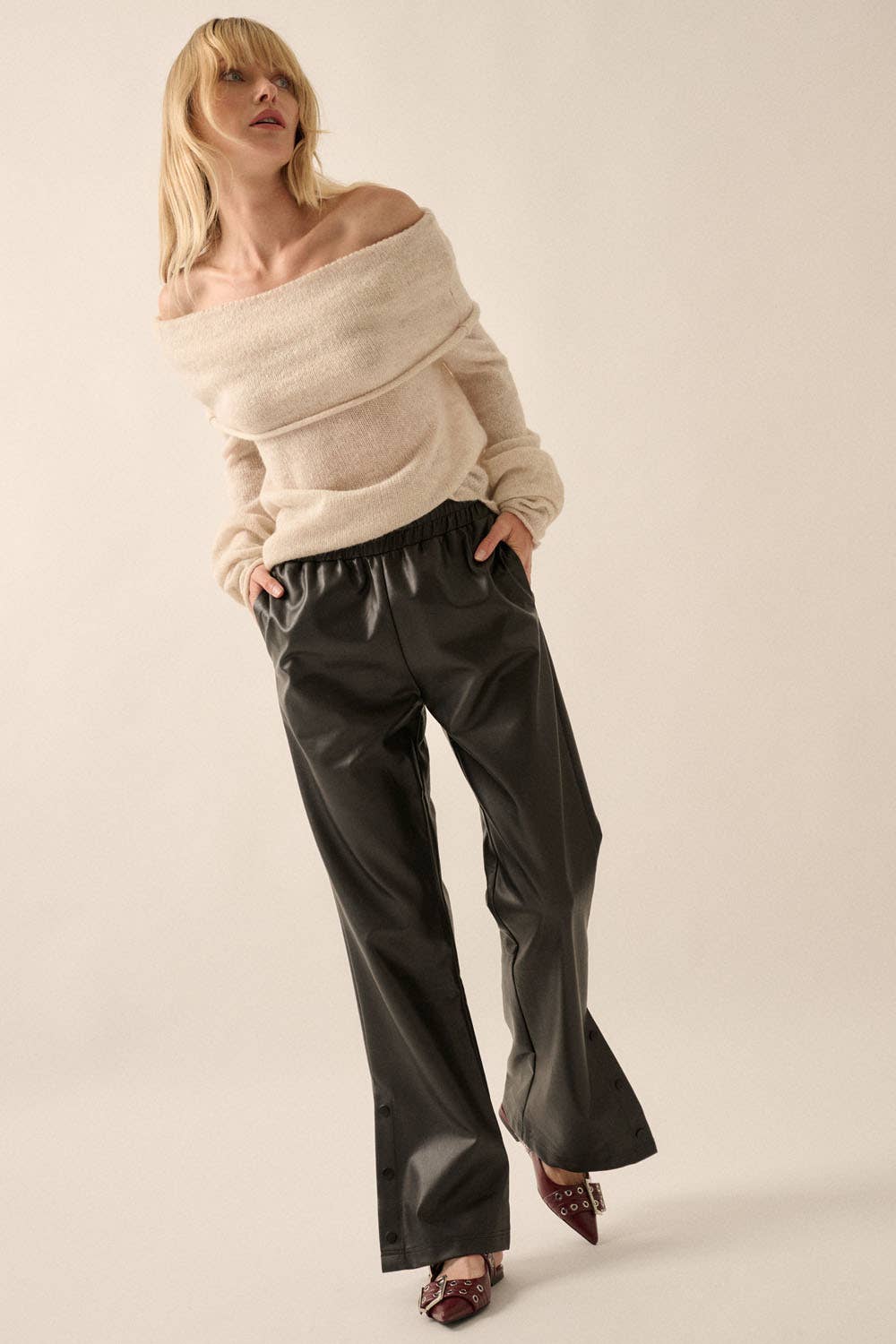 Faux Leather Elastic Waist Button Cuff Pants: Black