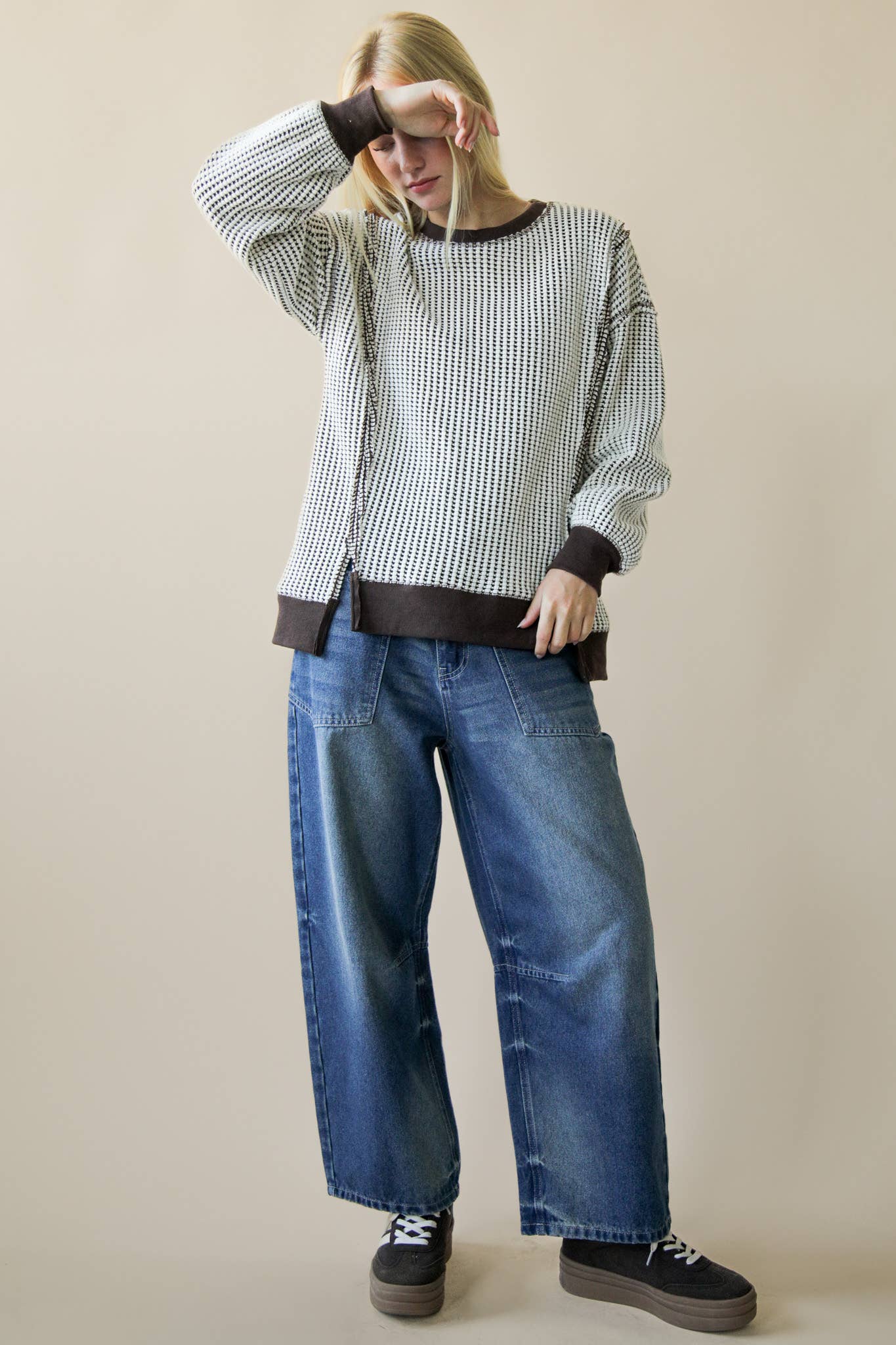 Oversized Waffle Knit Casual Top: Chocolate