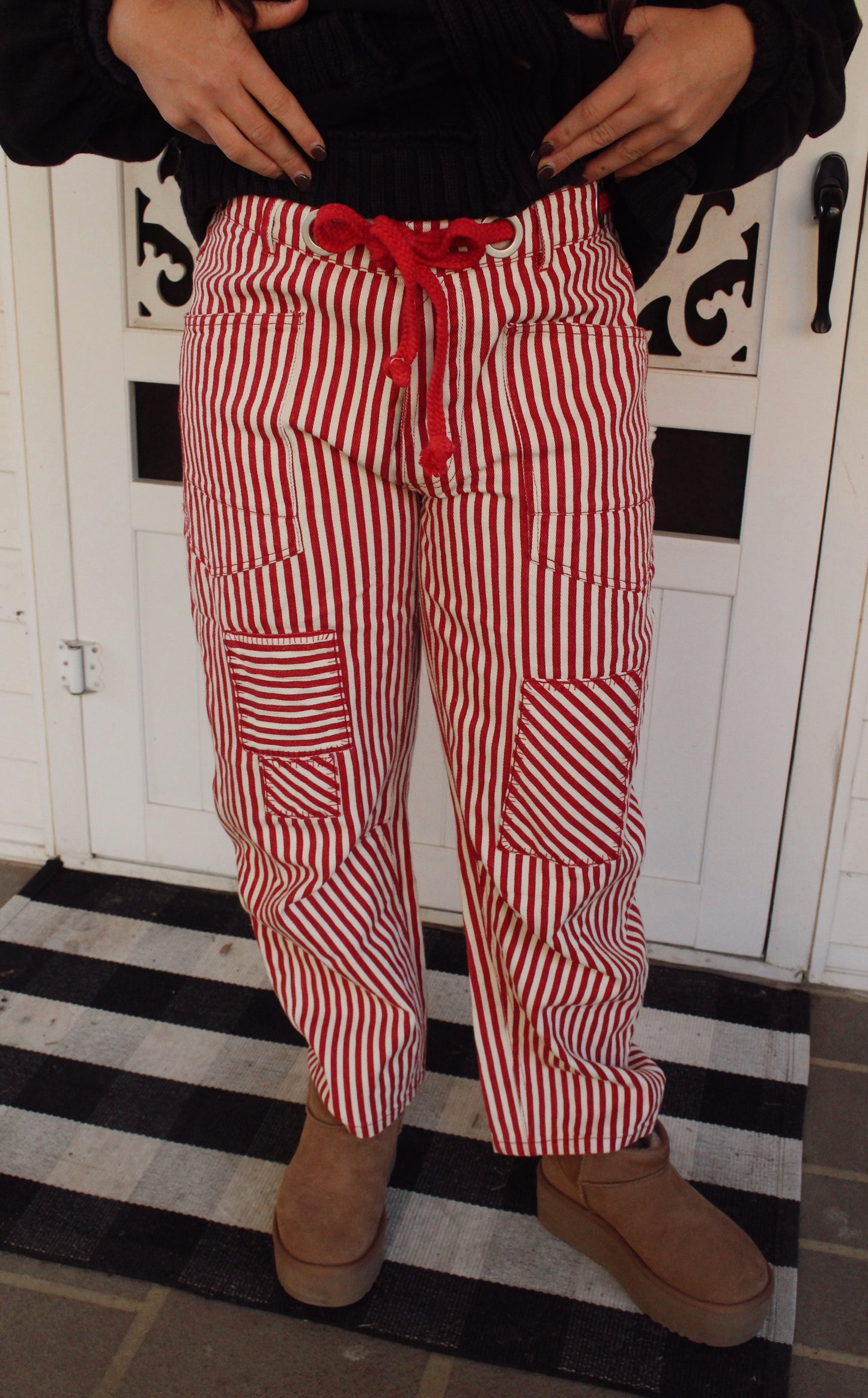 Striped Twill Barrel Pants - Red