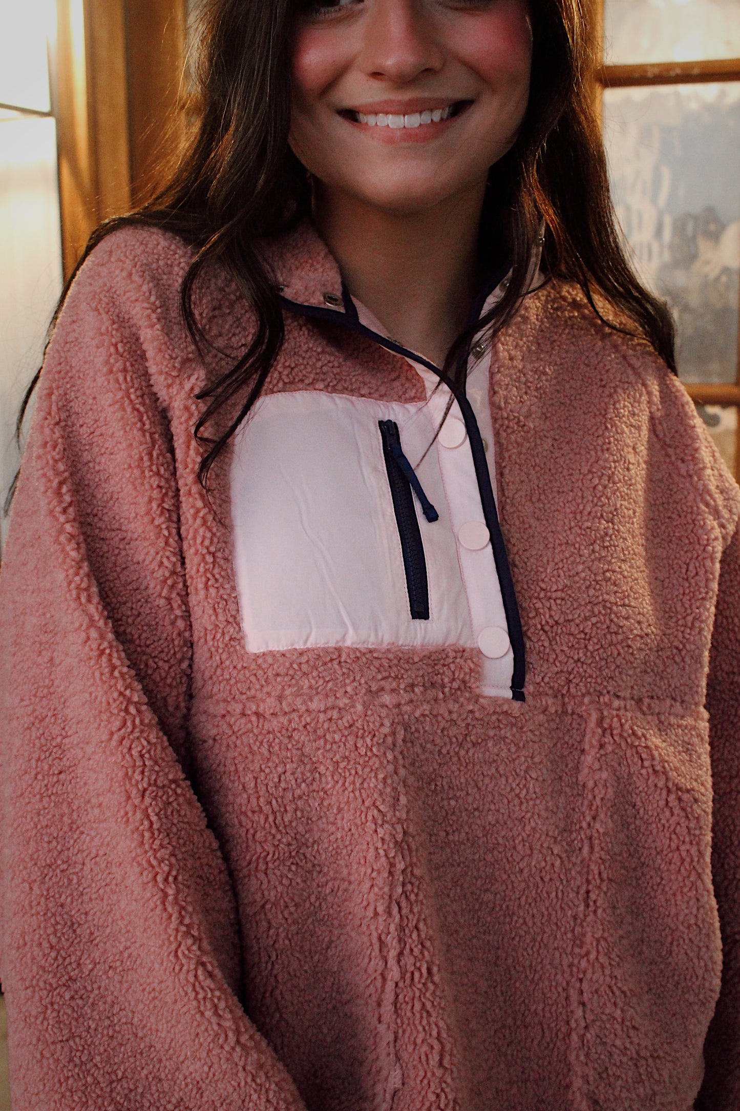 Mauve- Fleece Daily Colorblock Button Pullover
