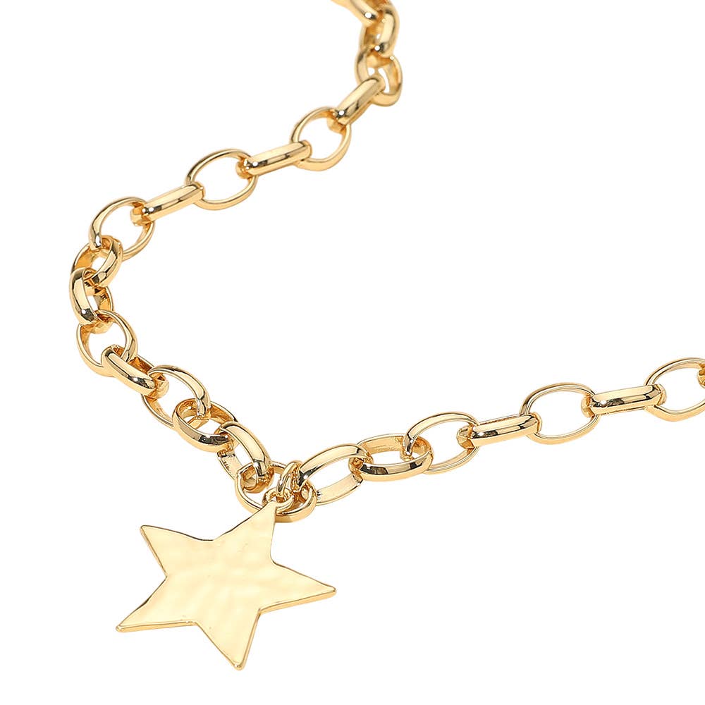 Textured Metal Star Pendant Chunky Chain Necklace