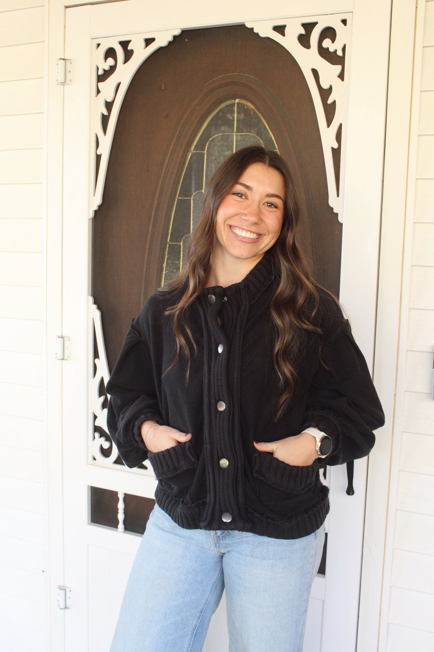 Washed Vintage Ribbed Knit Trim Cardigan Jacket