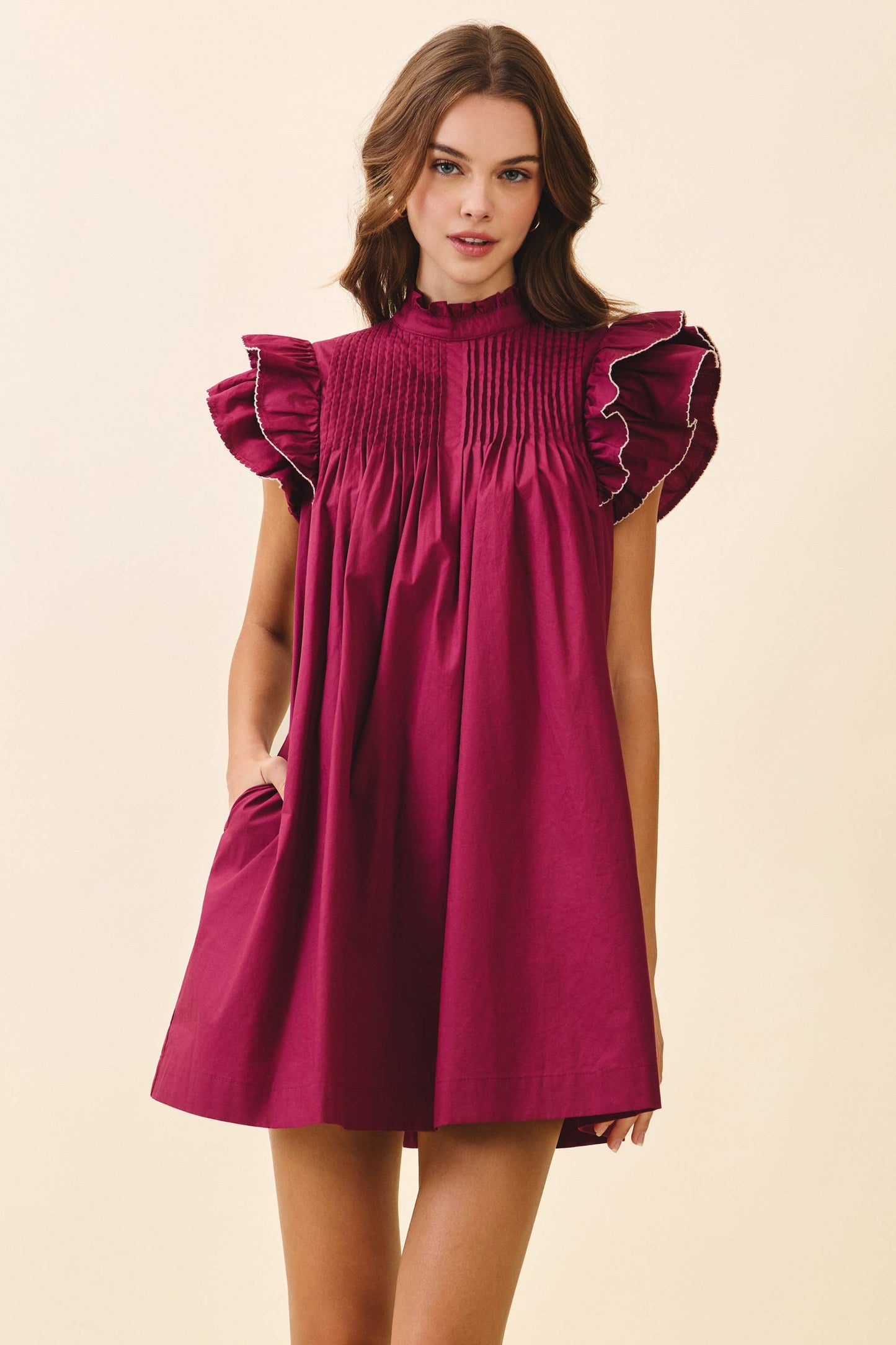 Kari High Neck Babydoll Mini Dress: Plum