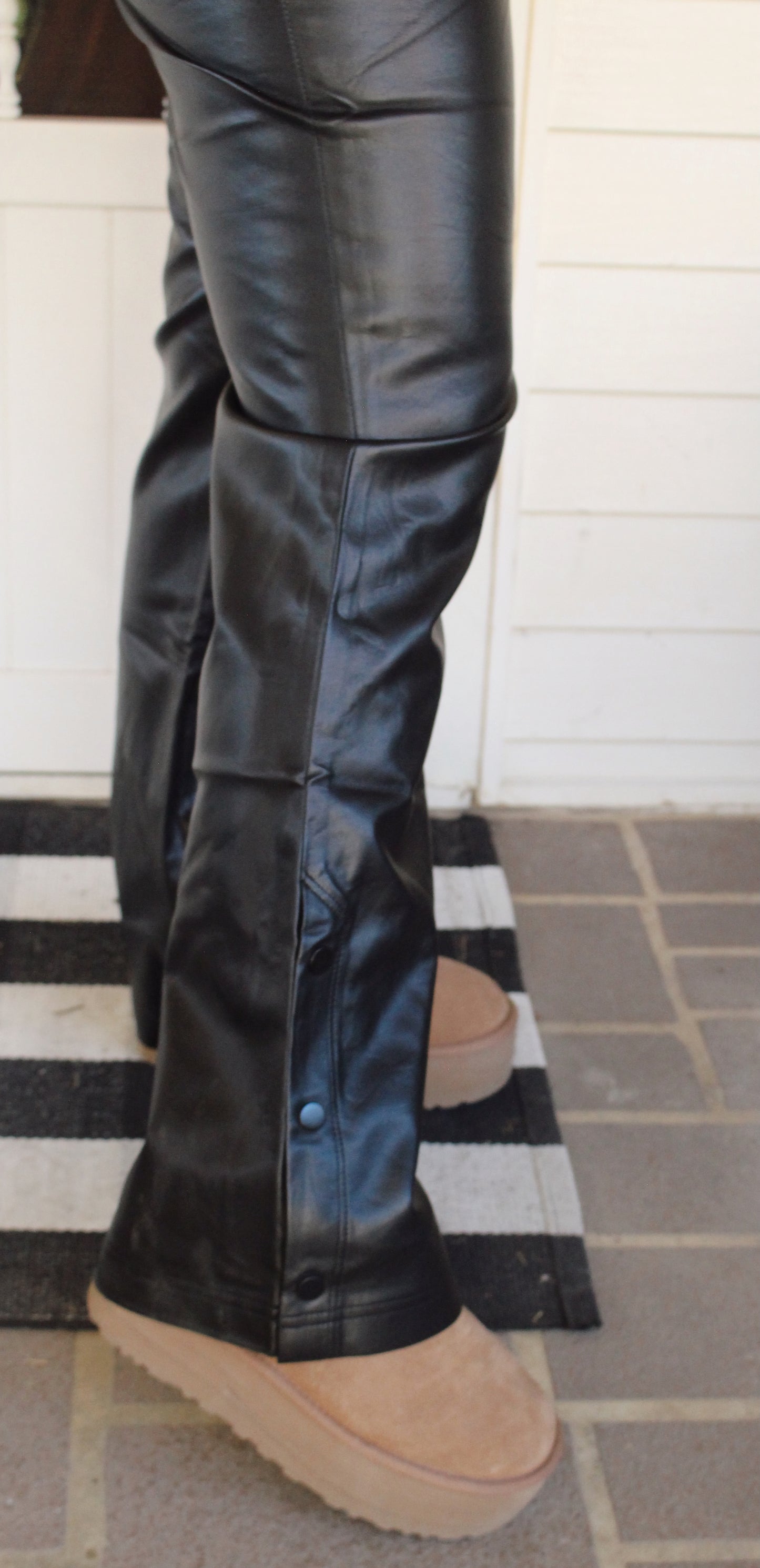 Faux Leather Elastic Waist Button Cuff Pants: Black