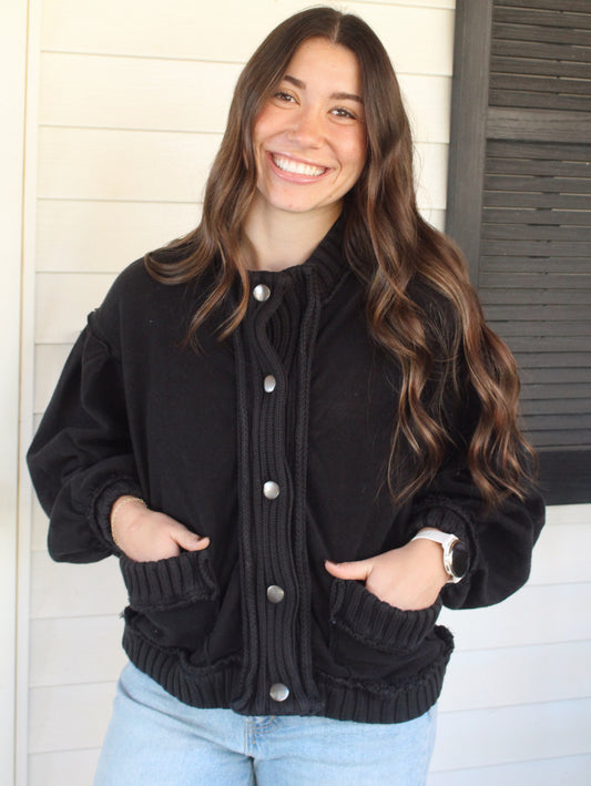 Washed Vintage Ribbed Knit Trim Cardigan Jacket