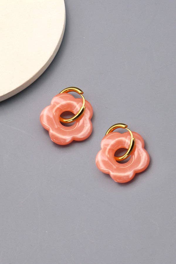 Flower Charm Hoop Earrings : Teal