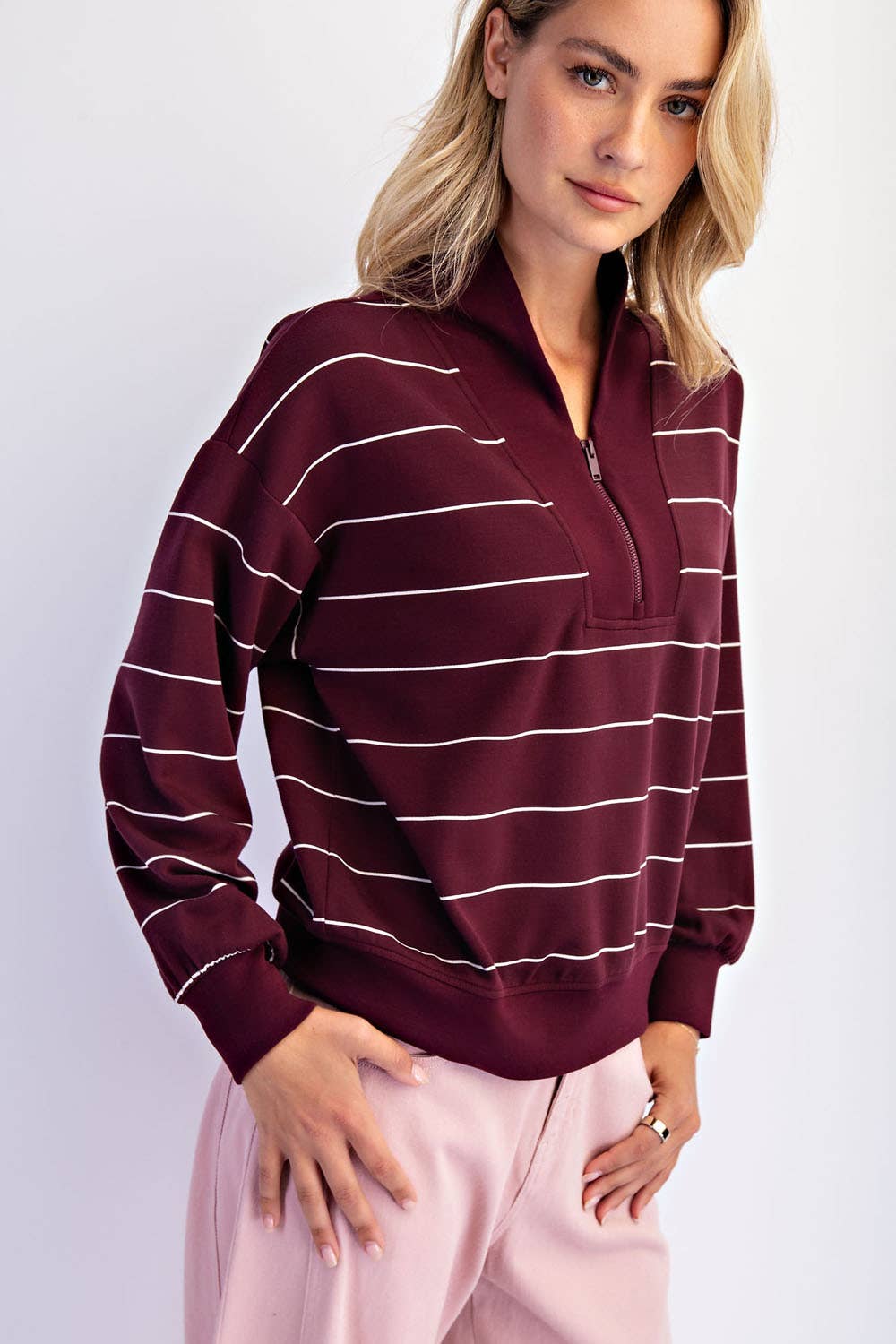 Modal Scuba Stripe V-Neck Jacket (Espresso/Cream)