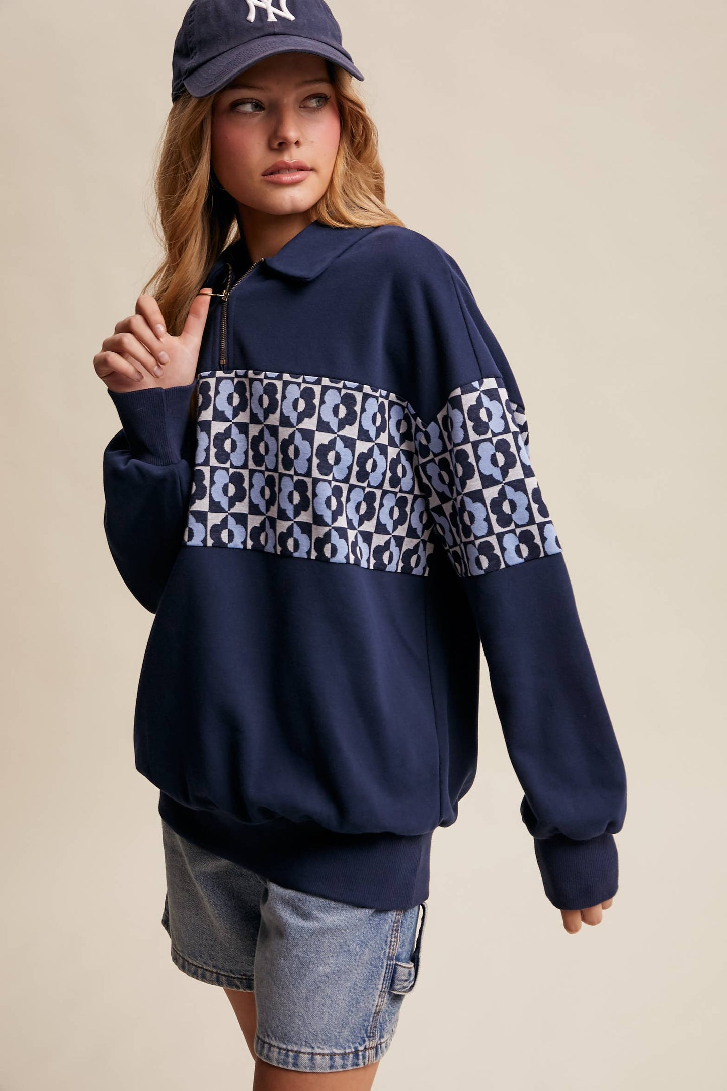 Retro Flower Panel Half-Zip Pullover : Navy