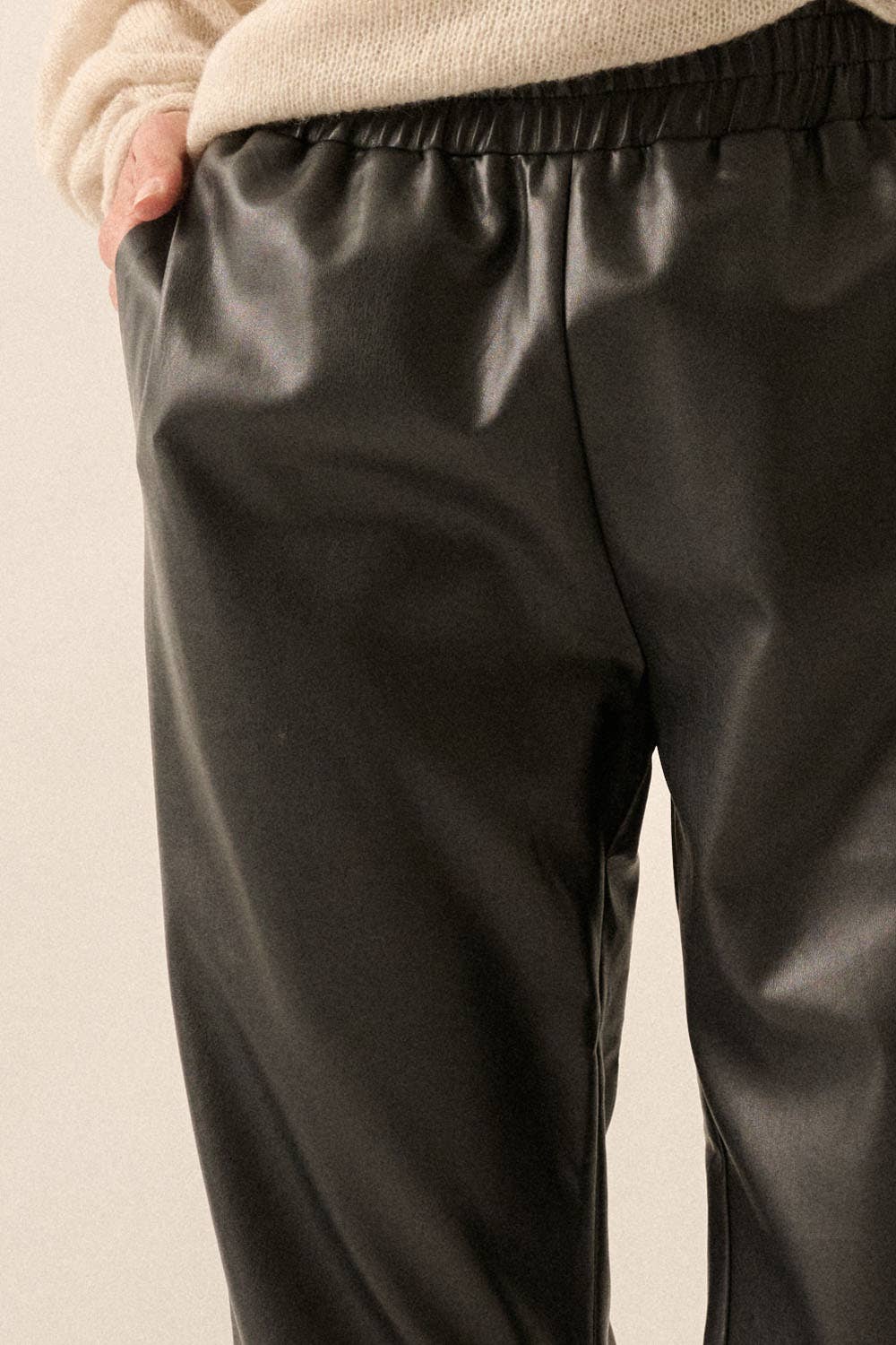 Faux Leather Elastic Waist Button Cuff Pants: Black
