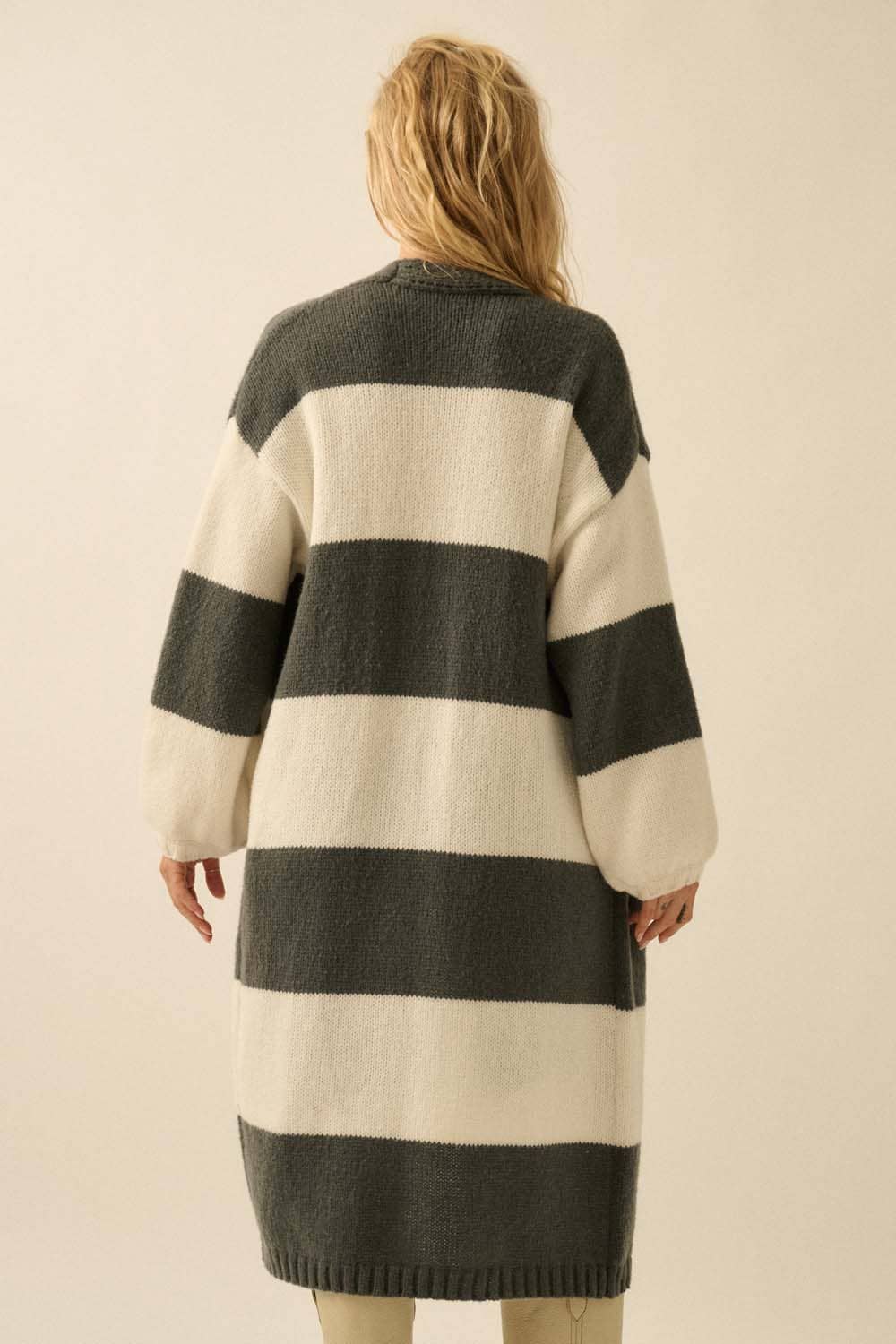 Striped Knit Open-Front Duster Pocket Cardigan: Charcoal-Off White