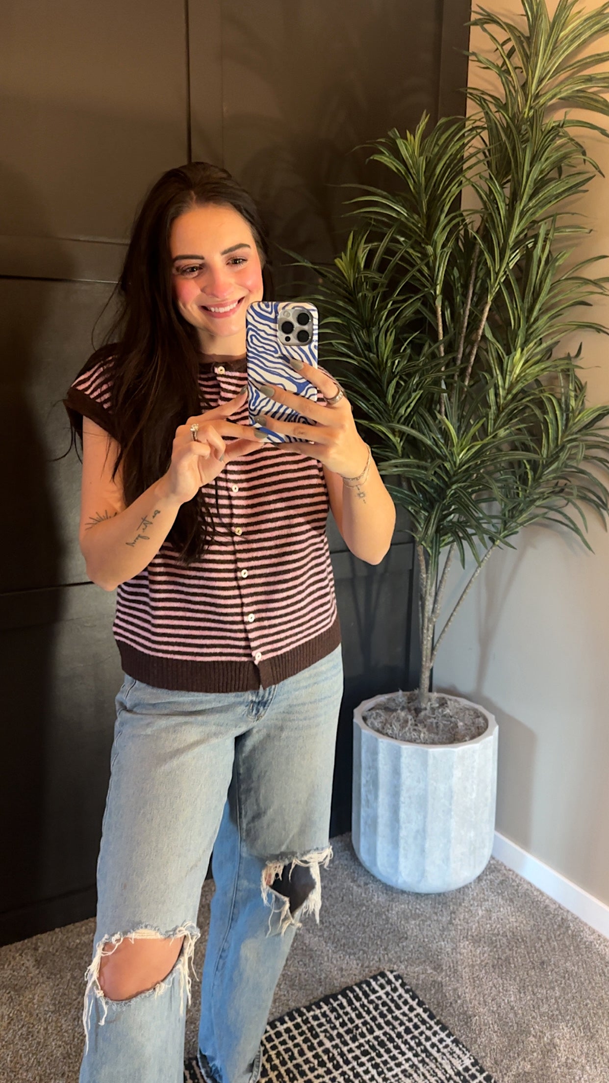 Striped Piper Vest Cardigan - Mini Stripe: Dark Wine