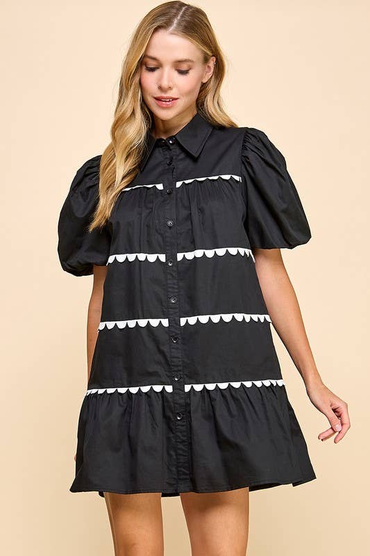 Sarah Scallop Detail Button Up Dress: Black