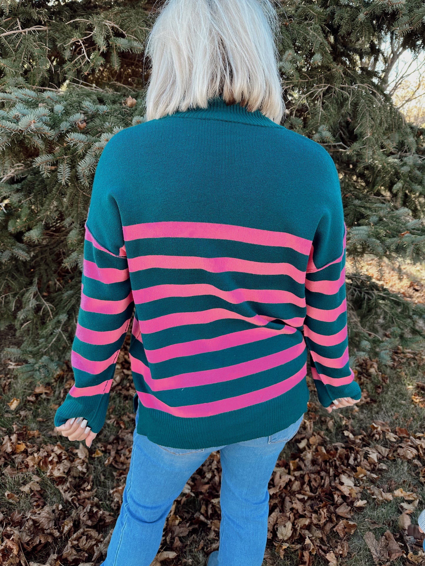 Stripe Collared Quarter Zipper Oversized Sweater