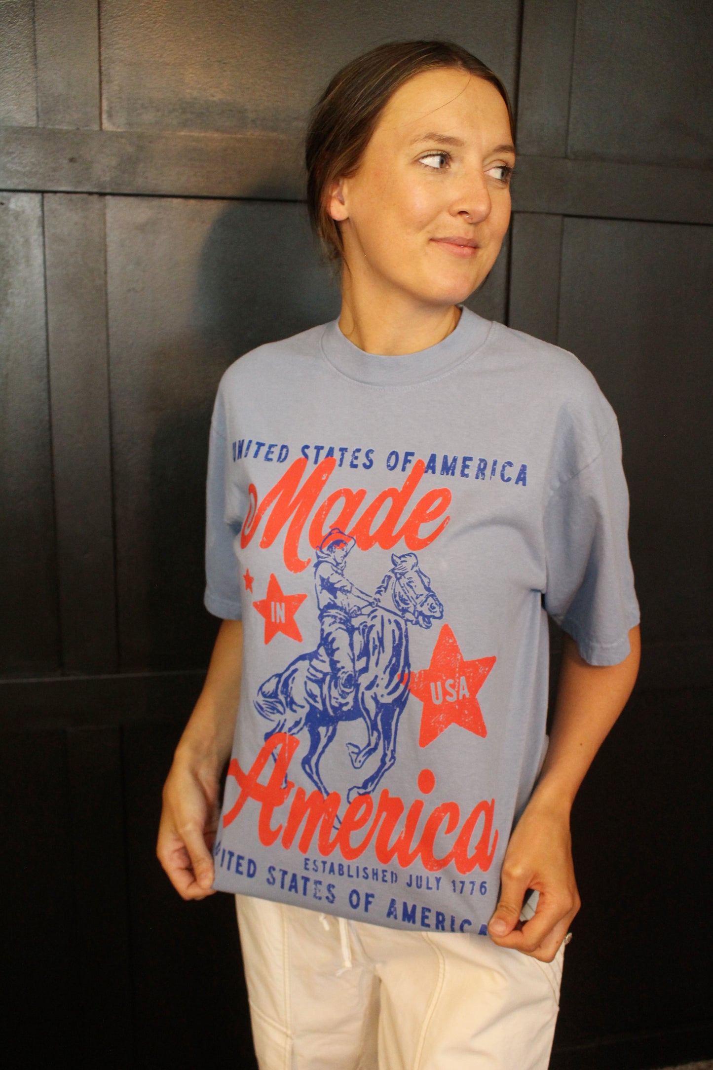 Made In America, USA Western Boxy Cotton Tee : Clear Blue