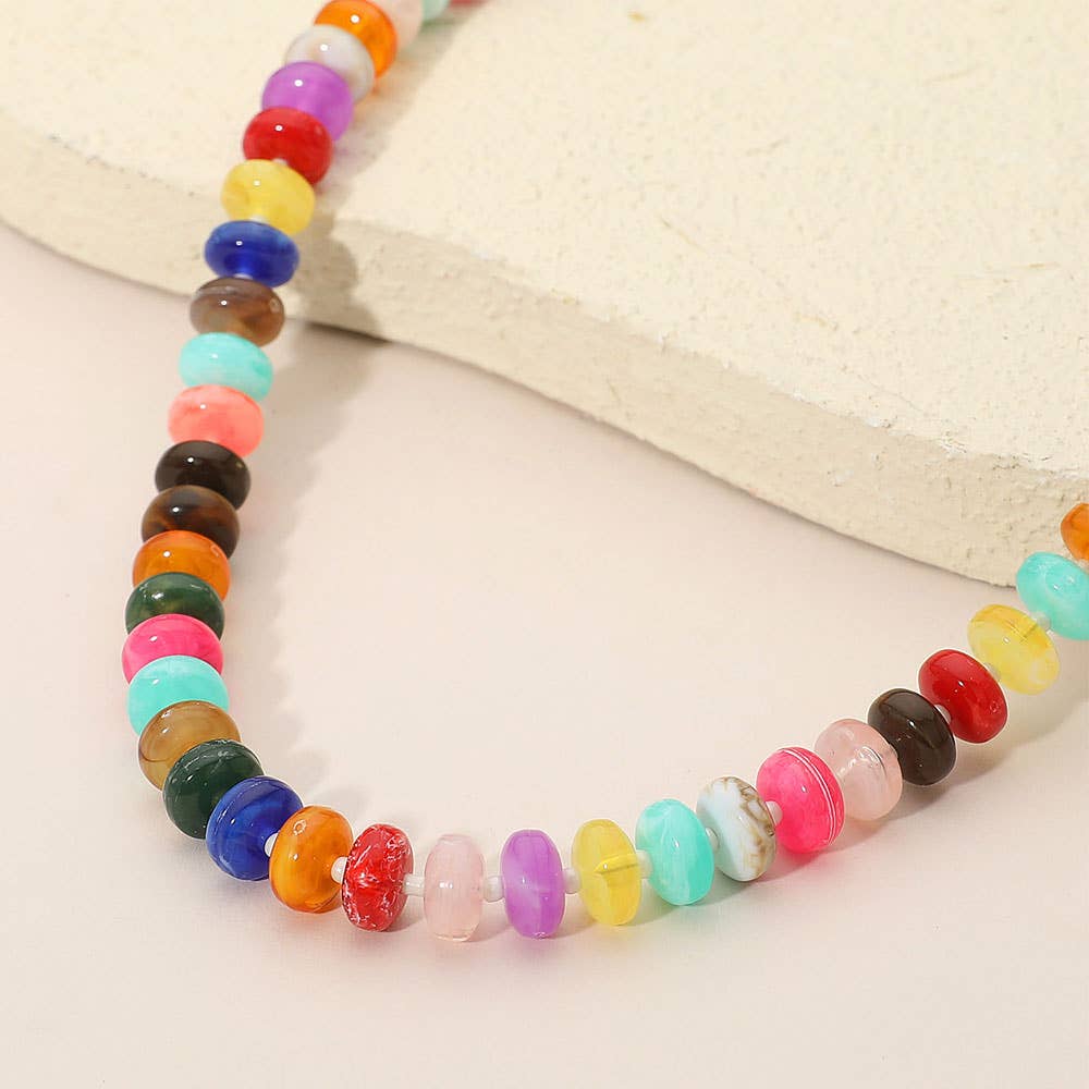 Chunky Multicolor Resin Flat Disc Beaded Necklace: Teal