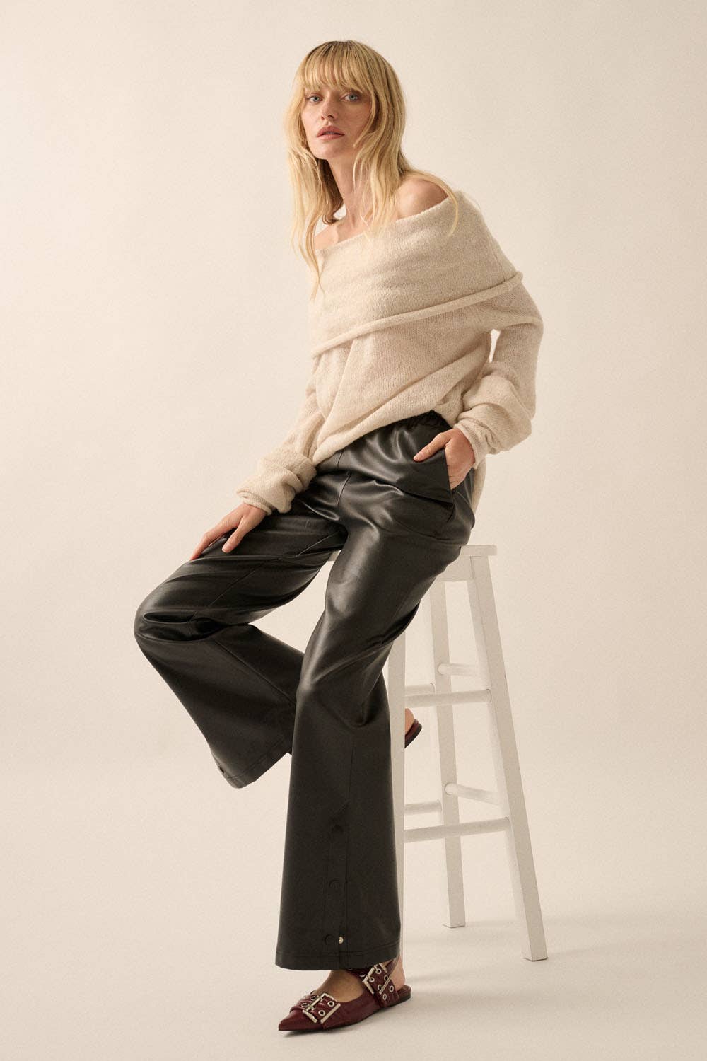 Faux Leather Elastic Waist Button Cuff Pants: Black