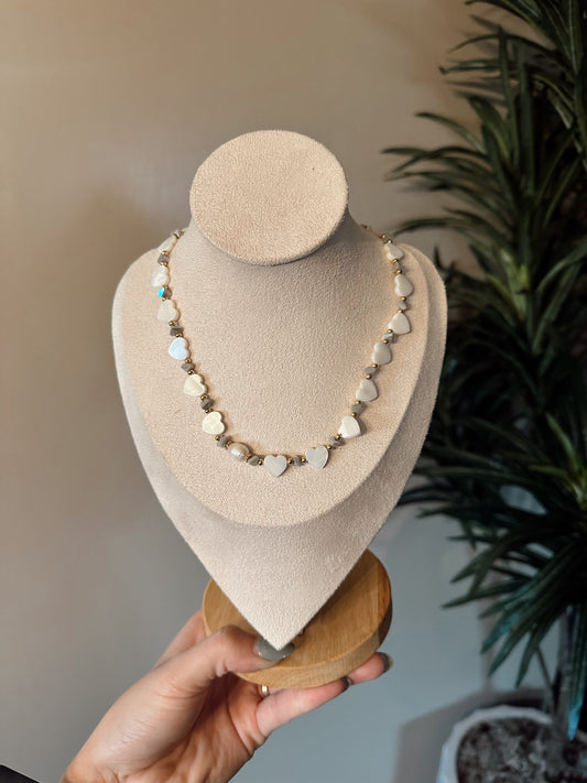 Multi Heart Stone Necklaces: White/Gray