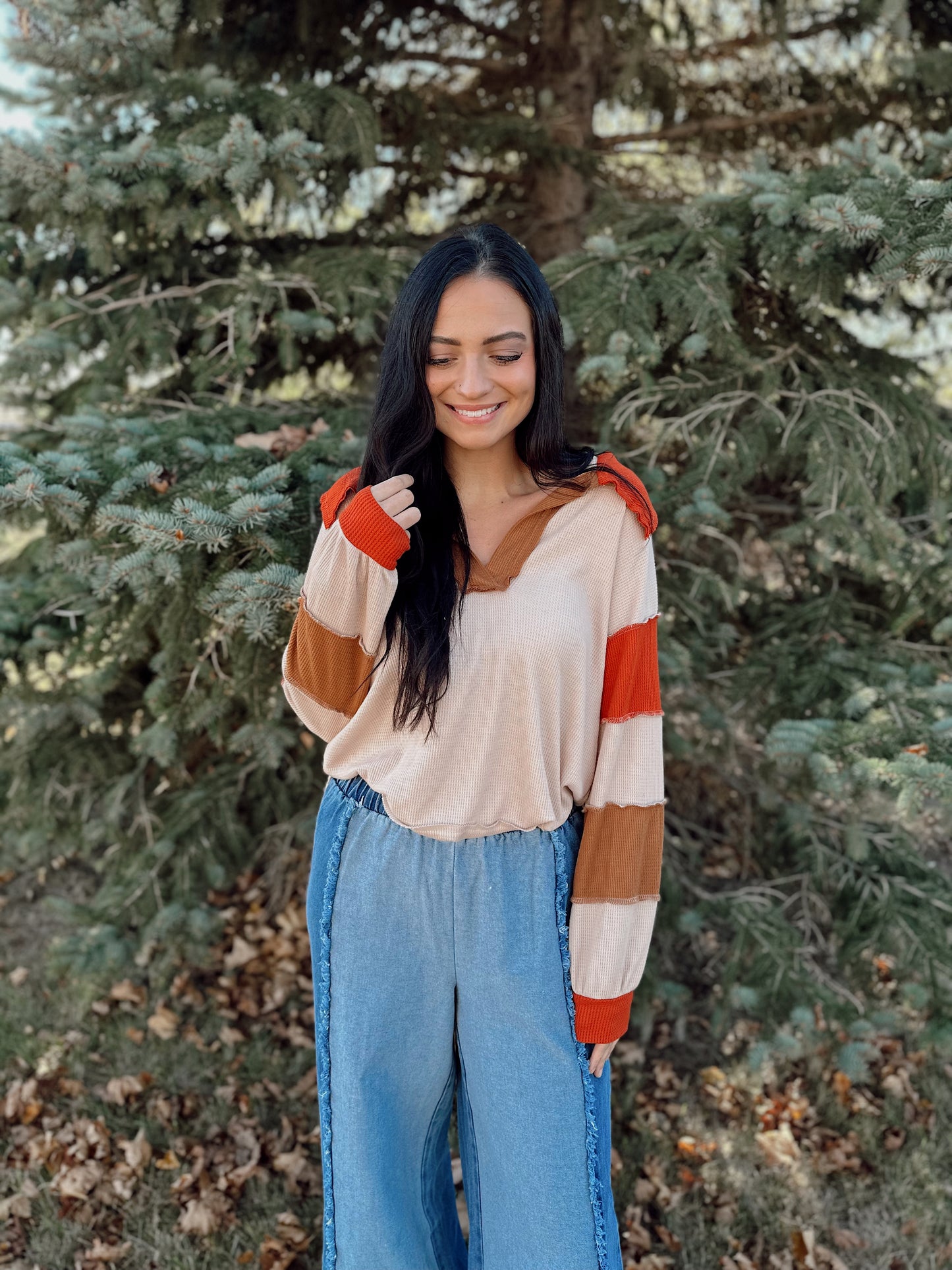 Thermal Color Block Collared Top