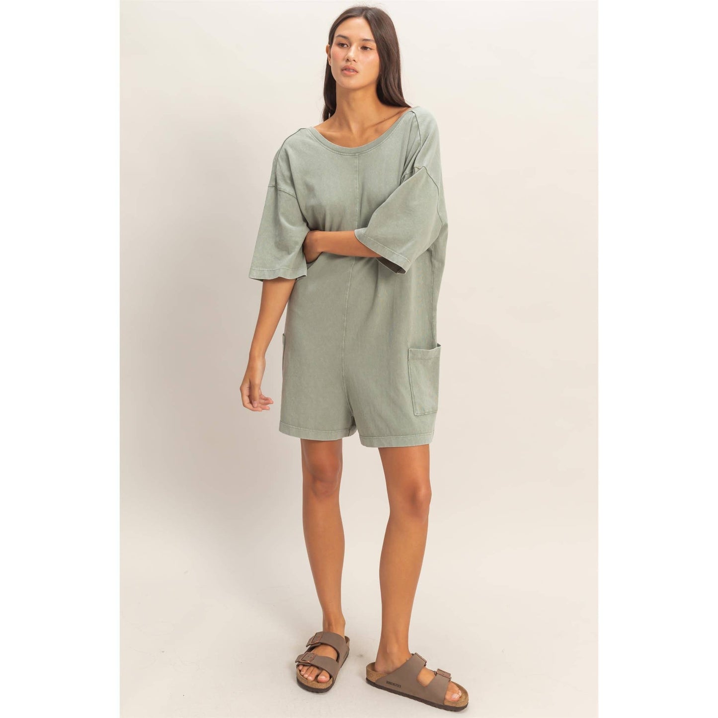 Mineral Washed V-Back Romper: Sage Green
