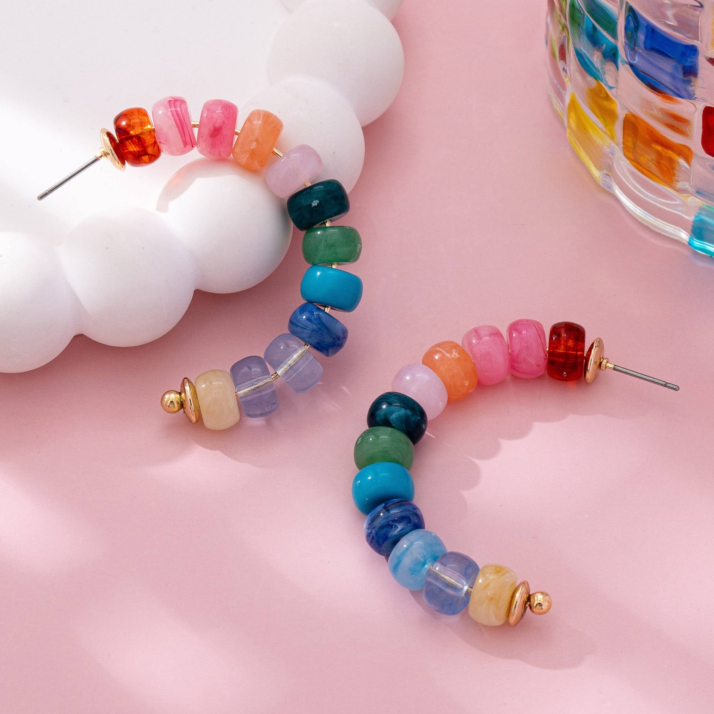 Rainbow Beaded Hoop Earrings : Multi