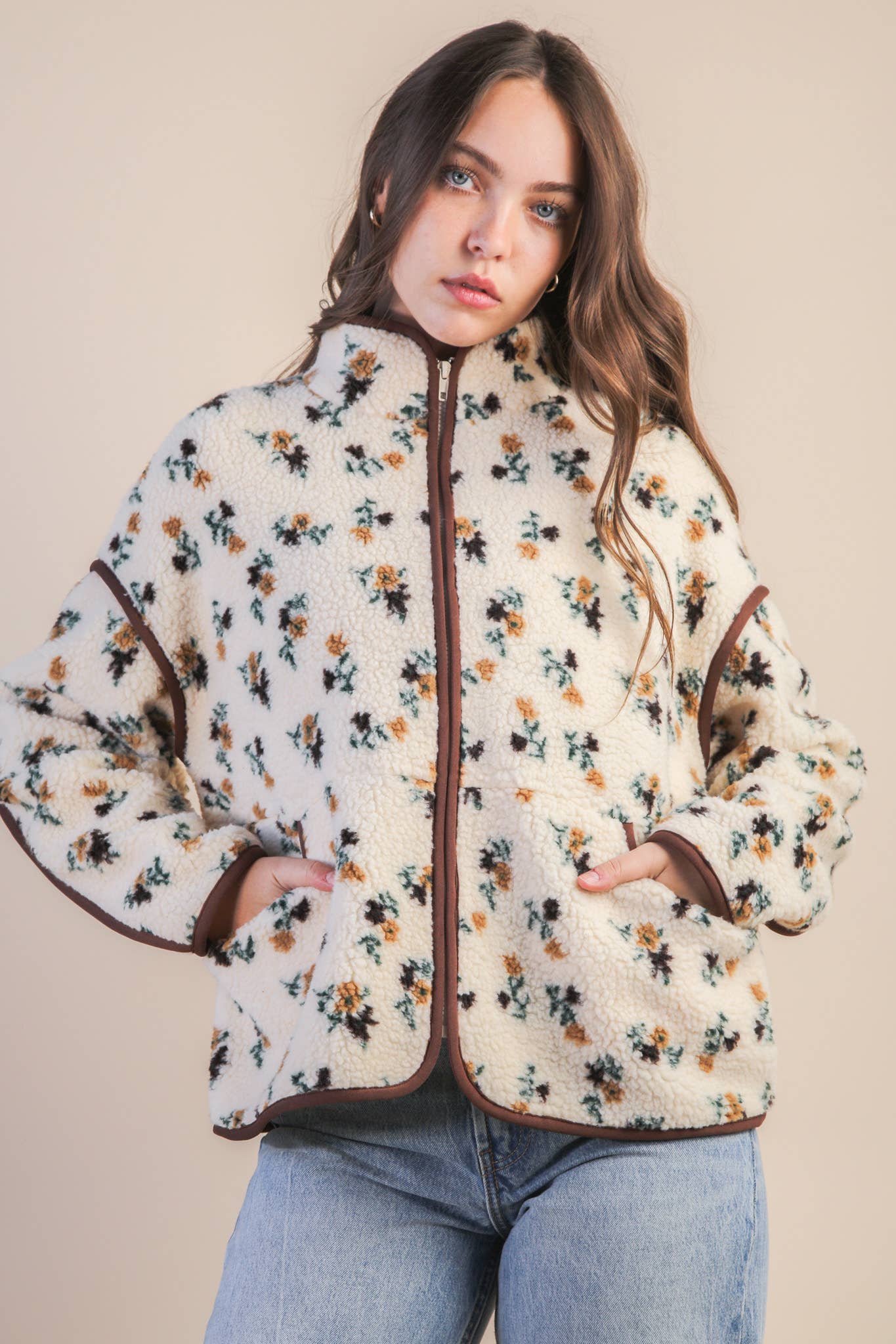 Oversized Floral Printed Casual Fleece Jacket