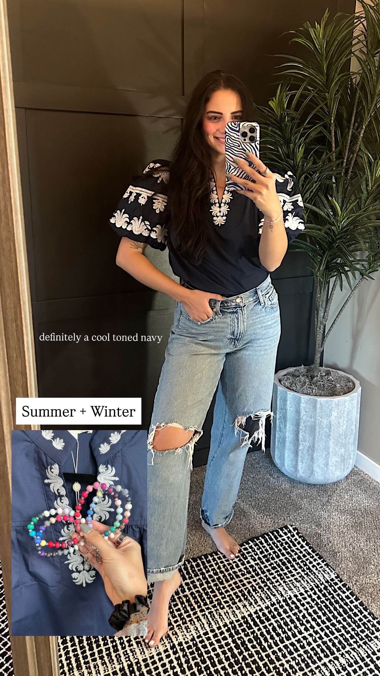 V-neck Embroidered Bubble Sleeve Top - Navy