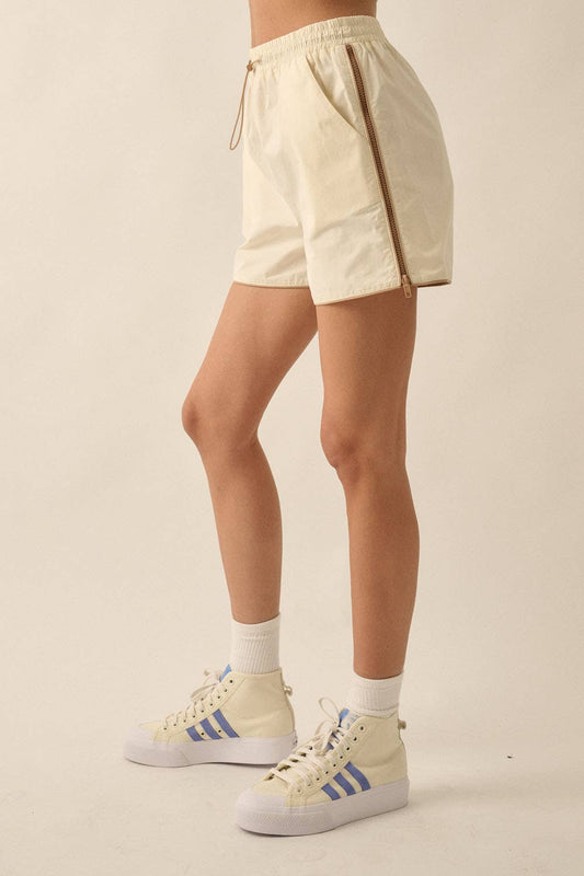 Cotton Piping-Trimmed Side-Zip Drawstring Shorts: Cream