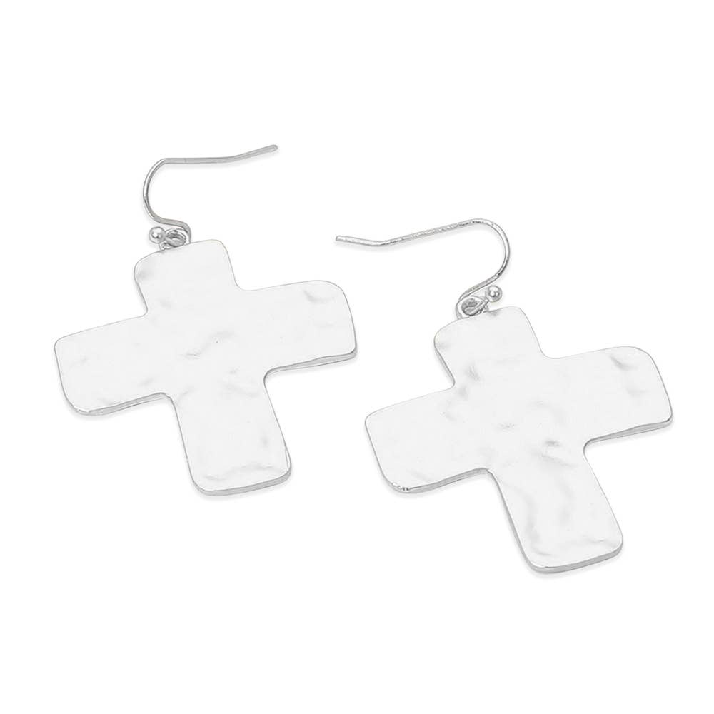 Hammered Metal Cross Dangle Earrings: Silver