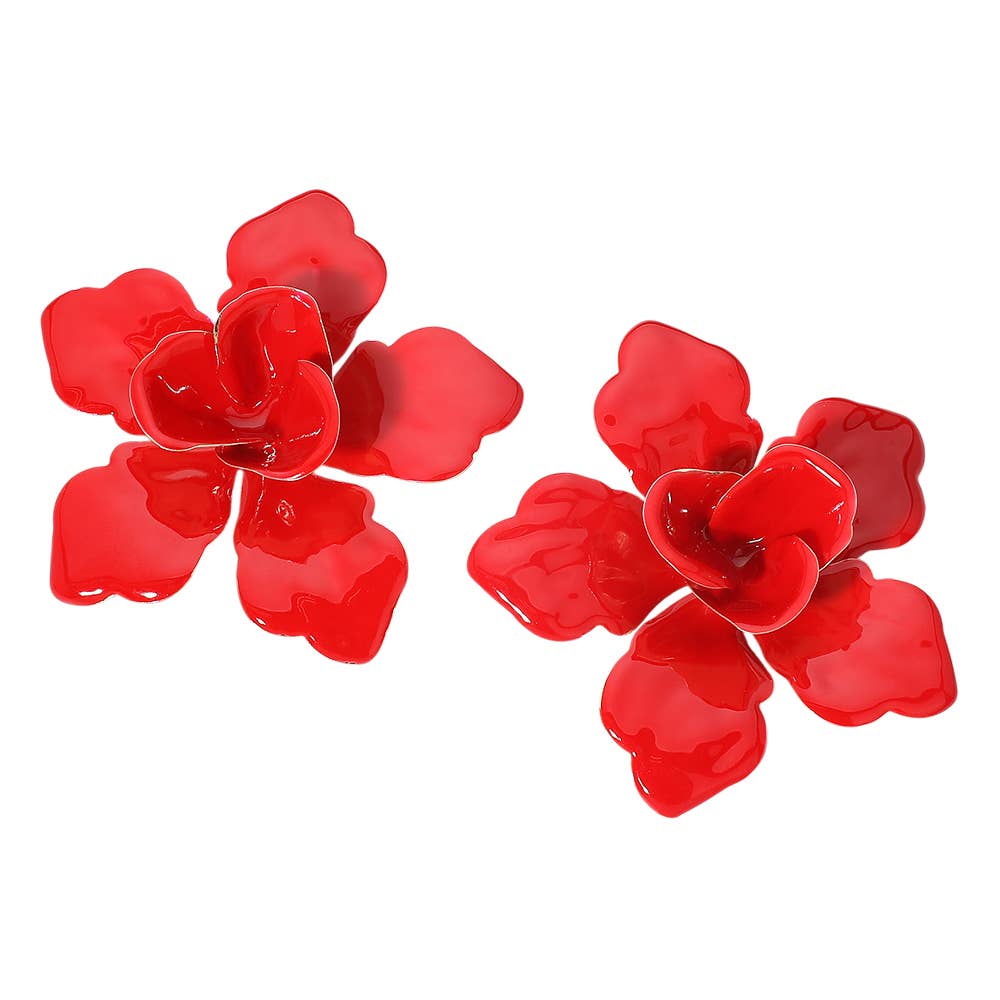 Bold Oversized Floral Earrings : Red