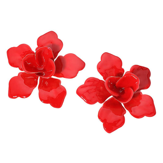 Bold Oversized Floral Earrings : Red
