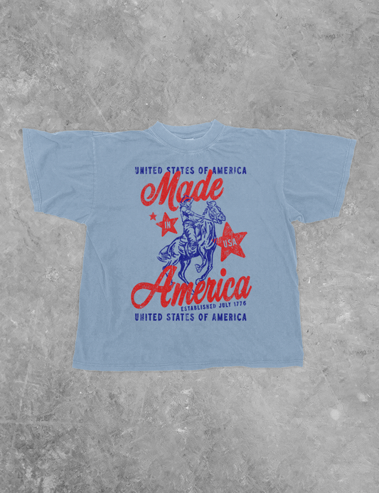 Made In America, USA Western Boxy Cotton Tee : Clear Blue
