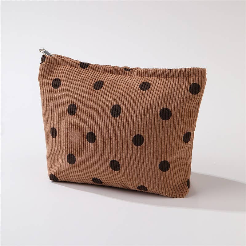 Brown Polka Dot Corduroy Cosmetic Pouch