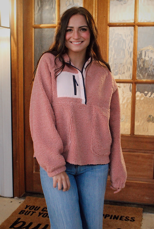 Mauve- Fleece Daily Colorblock Button Pullover