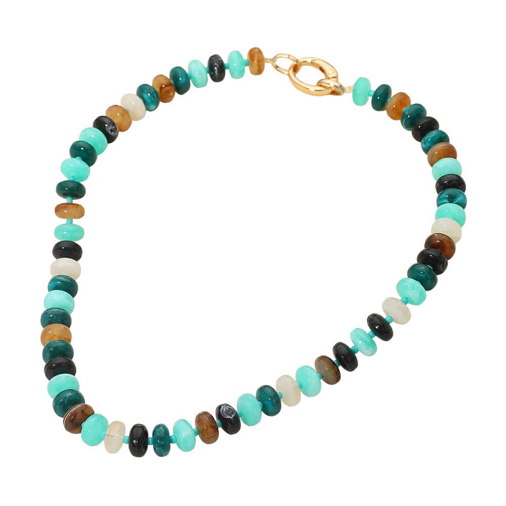 Chunky Multicolor Resin Flat Disc Beaded Necklace: Teal