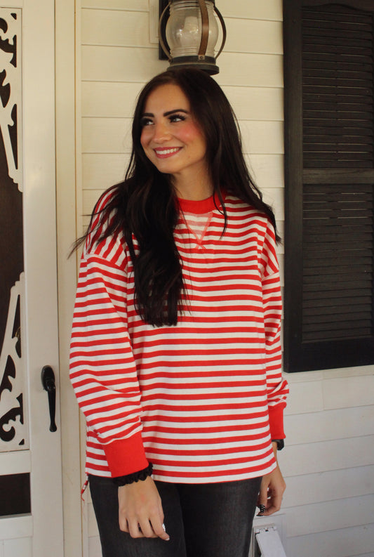 Red/White Striped Long Sleeve Knit Top