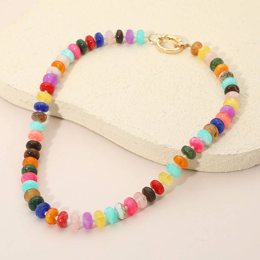 Chunky Multicolor Resin Flat Disc Beaded Necklace: Teal