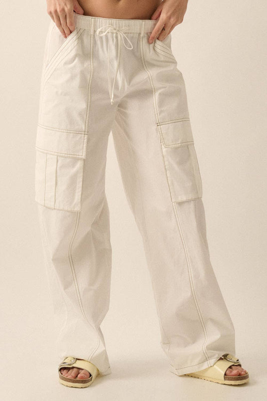Solid High-Waist Contrast-Stitch Cargo Pants: Off White